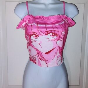 New Without Tags ROMWE Pink Kawaii Anime Ruffle Tank Top